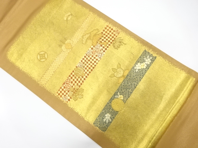 JAPANESE KIMONO / FUKURO OBI / SILK / WOVEN HAMMER & KIKU & PAULOWNIA & PINE